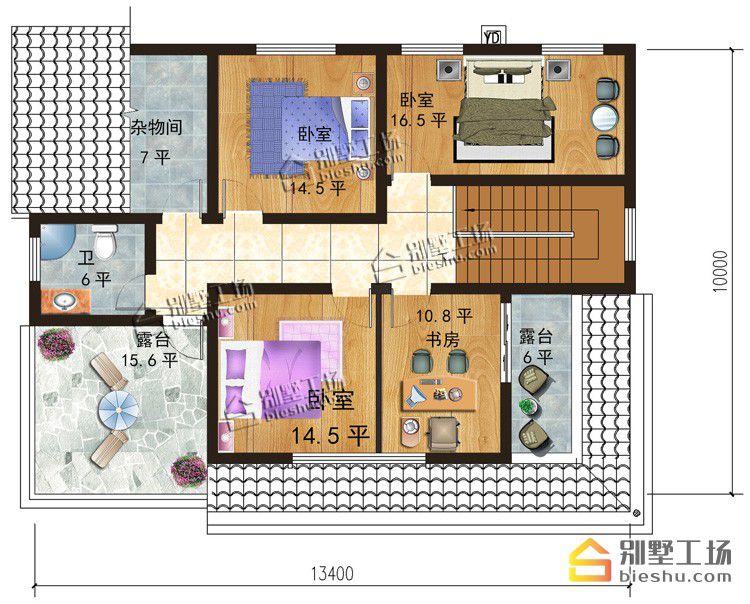 阁楼层：三个卧室，书房，卫生间，杂物间，两个露台