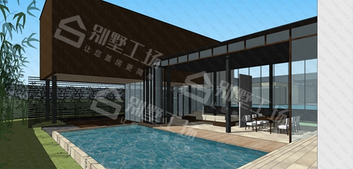 现代别墅一层户型图片，带室内室外泳池效果图4