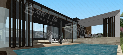 现代别墅一层户型图片，带室内室外泳池效果图5