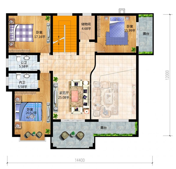 8间卧室的三层新中式，美观舒适-二层